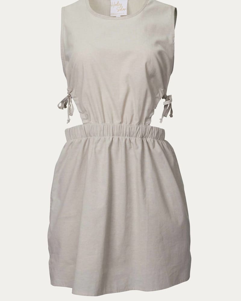 Front of a model wearing a size L Cutout Cotton-Twill Mini Dress in Beige in Beige by haley solar. | dia_product_style_image_id:342790